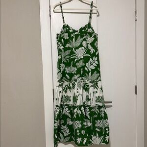 FARM Rio Green and White Botanical Tiered Maxi Dress